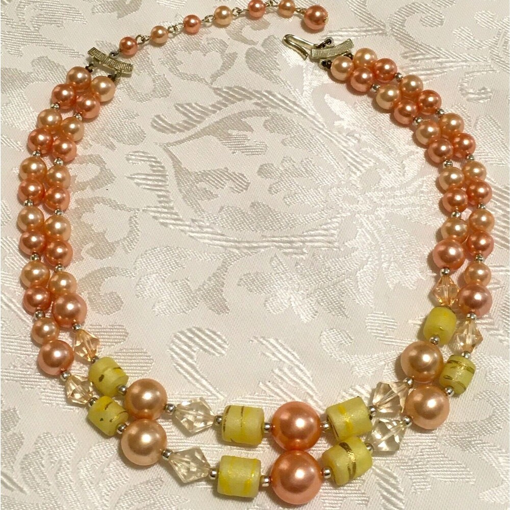 Vintage Japan 2 Strand Bead Necklace Peach Yellow Plastic Spring Jewelry